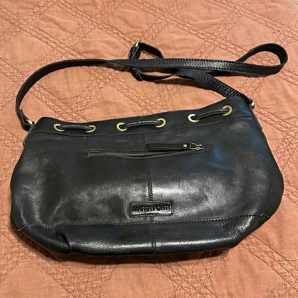 Marta Ponti Black Woven Leather Drawstring Shoulder Bag Crossbody Purse
